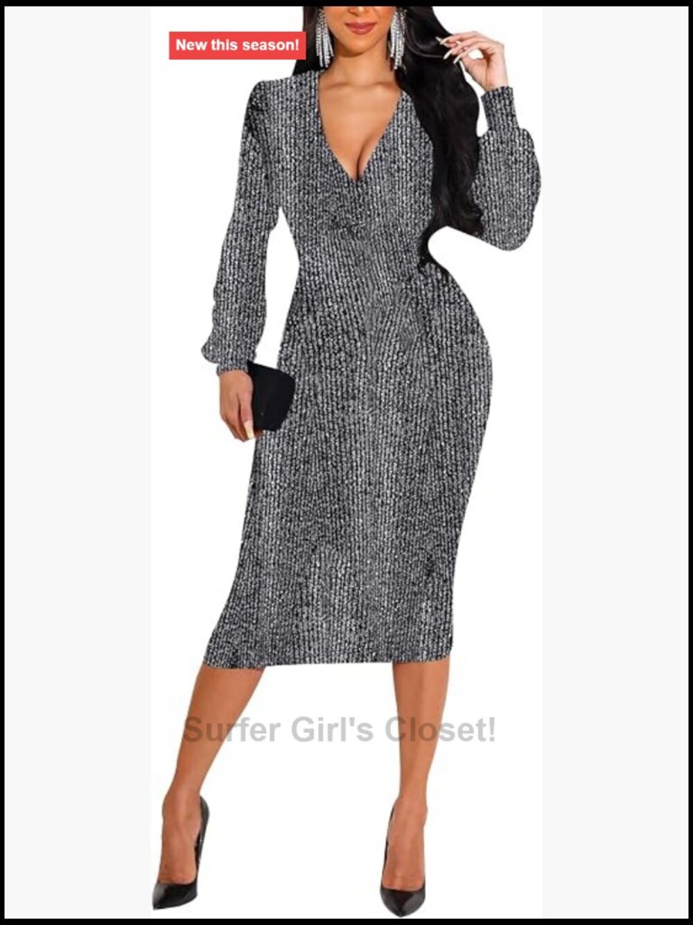 Sequin Cocktail Party Dress Long Sleeve V-Neck Bodycon Midi Clubwear